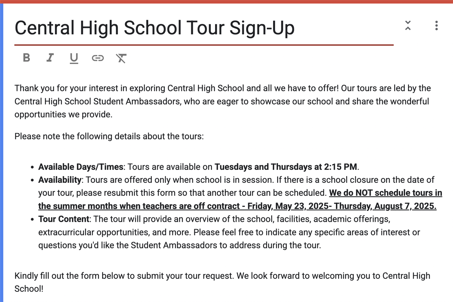  Central High School Tour Sign-Ups